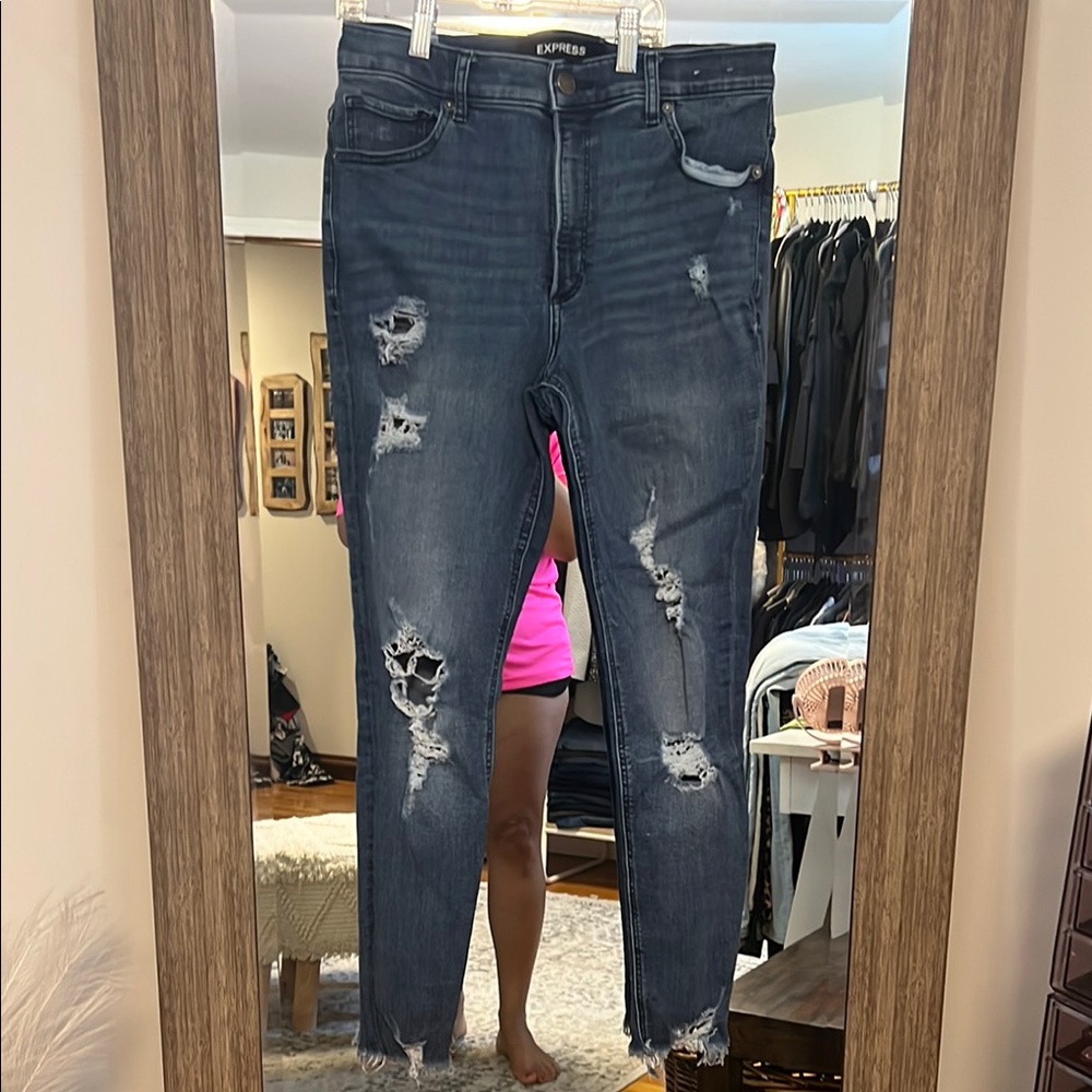 Express Blue Skinny Jeans with Vintage Distressing